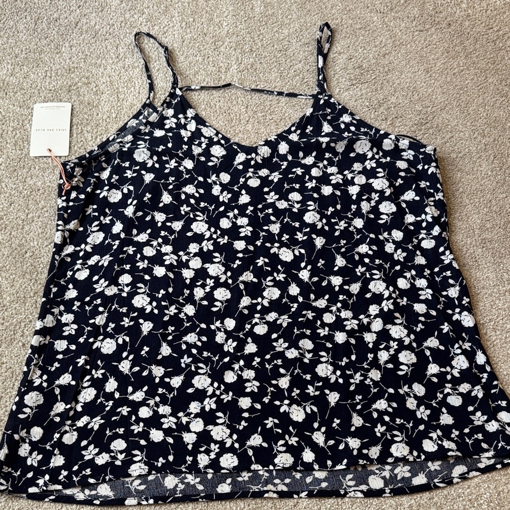 Skies Are Blue Strappy Floral Print Women's Cami Tank Top Navy White Size Medium - Picture 11 of 12